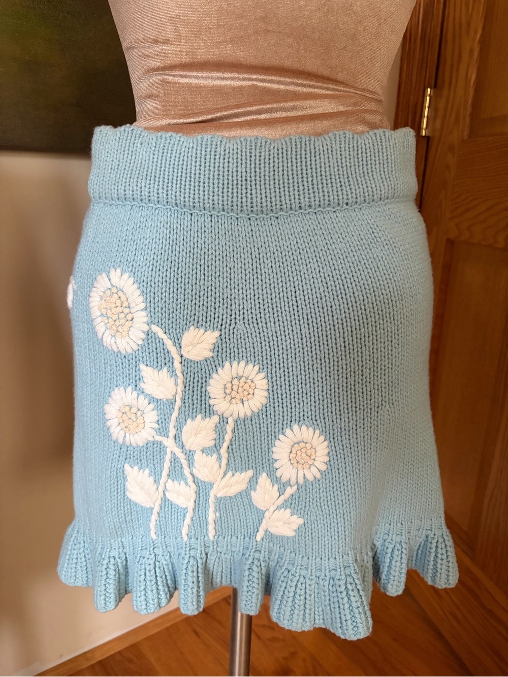 LoveShackFancy Powder Blue Knit Mini Skirt with White Floral Embroidery
